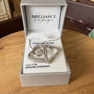 1/2 CTTW Dual Heart Diamond 925 Silver Pendant & 18” 985 Silver Italy Chain NWT